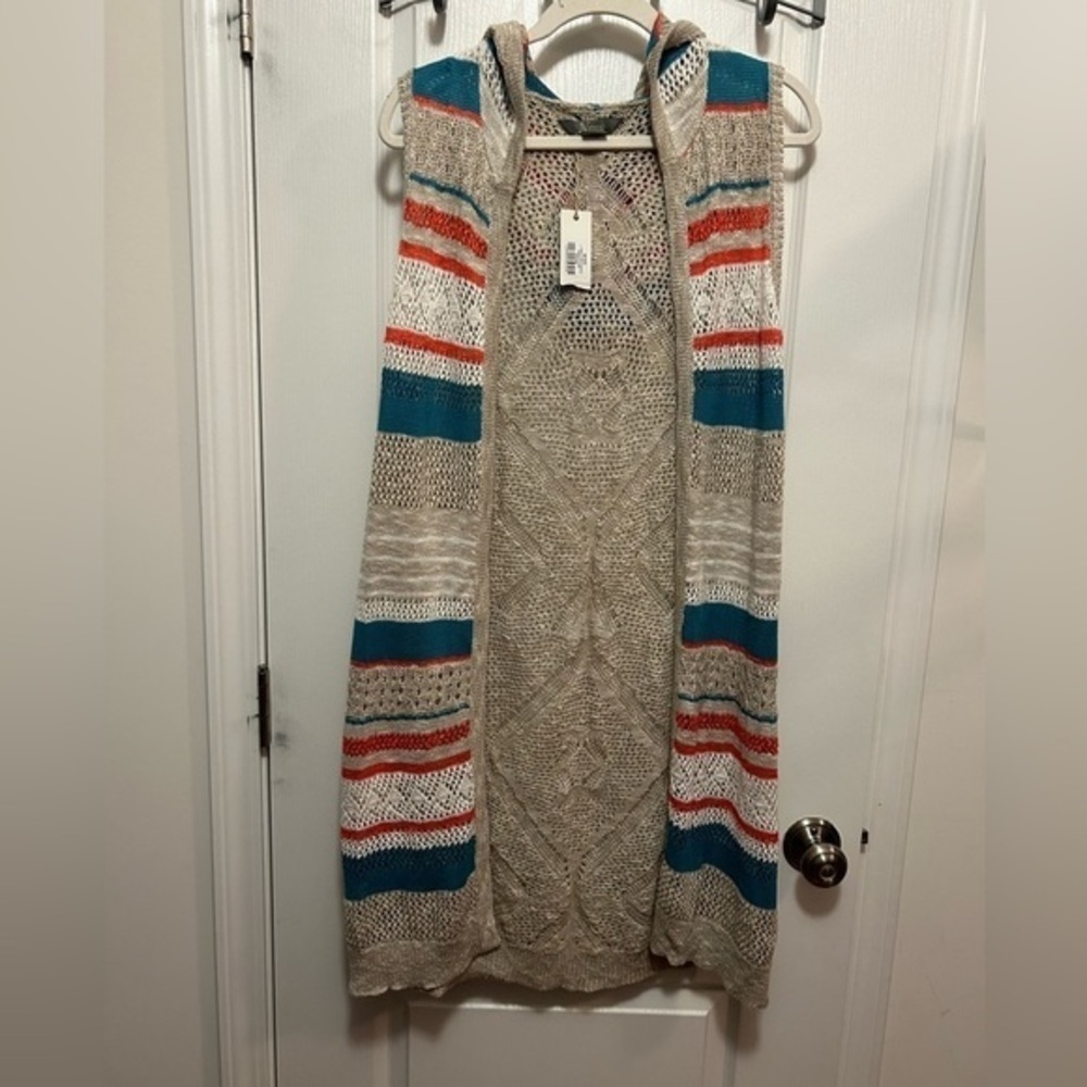 NWT Natural Reflections multi stripe crochet‎ Knit Open Front Long Cardigan M